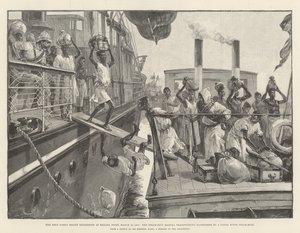 La spedizione di soccorso di Emin Pasha a Banana Point, 18 marzo 1887, la nave a vapore Madura trasferisce i passeggeri a una nave a vapore del fiume Congo da William Heysham Overend