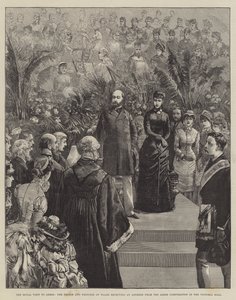 La visita reale a Leeds, il Principe e la Principessa del Galles ricevono un indirizzo dalla Corporazione di Leeds nella Victoria Hall