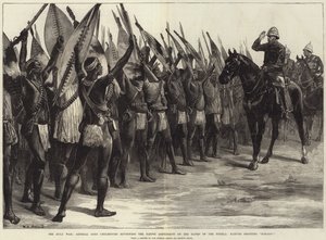 La guerra Zulu, il generale Lord Chelmsford che rivede il contingente nativo sulle rive del Tugela, i nativi gridano H-H-Ooo! da William Heysham Overend