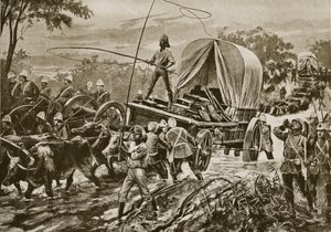 Guerra Zulu: la forza di soccorso di Etshowe attraversa un ruscello, aprile 1879