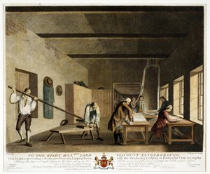 Al nobile Lord Visconte Kingsborough... questa lastra che rappresenta una vista prospettica di una stanza di lappatura, con la misurazione, increspatura o piegatura del tessuto in lunghezze, Piatto XI, La manifattura del lino da William Hincks