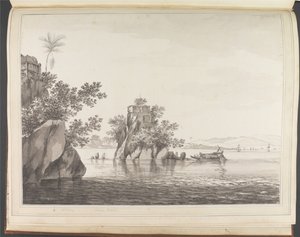 Veduta di una roccia isolata nel fiume Gange presso Jangerah [Jahangira] da William Hodges