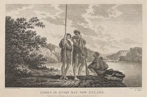 Veduta della Baia delle Isole (Dusky Bay) (Nuova Zelanda), con una famiglia Maori. Incisione da un disegno di William Hodges, circa 1785