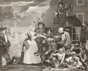 Il progresso di un libertino, Foglio 4: Il libertino arrestato, in tribunale da William Hogarth