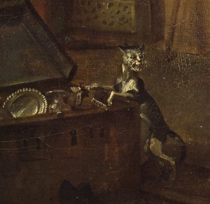 Gatto con un petto, dettaglio da A Rakes Progress I: Il Rake che prende possesso della sua tenuta, 1733 (dettaglio) da William Hogarth