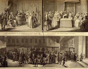 Giudizio di giovane donna incinta, battesimo e funerale da William Hogarth