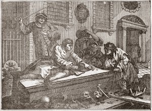 Il pigro apprendista che gioca nel cimitero durante il servizio divino - Tavola da una serie di 12 incisioni di William Hogarth (1697-1764), illustratore britannico, intitolata "Industria e Pigrizia", raccontando le carriere di due apprendisti da William Hogarth
