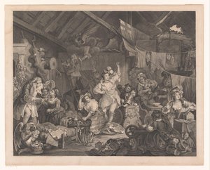 Attrici travestite e bambini in un fienile da William Hogarth