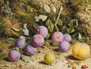 Natura morta con prugne, una pesca e cinorrodi da William Hough