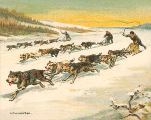 Corse storiche e moderne, corse di slitte trainate da cani canadesi (cromolitografia) da William Hounsom Byles