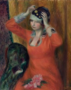 Ragazza in Abito Rosso che Si Sistema il Cappello da William James Glackens