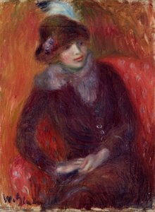 Donna seduta con collo di pelliccia e sfondo rosso da William James Glackens