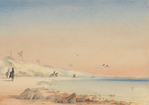 Gambia - una baia sabbiosa con figure che camminano e cavalcano a Cape St. Mary da William John Chamberlayne