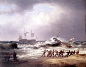 Scialuppa di salvataggio che va verso una nave in difficoltà