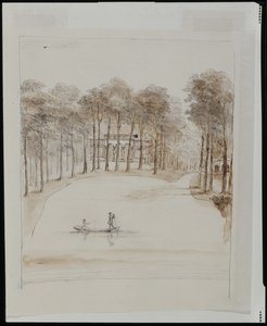 Casetta degli uccelli a Chiswick; piscina con una coppia in barca, la donna che pesca da William Kent