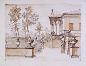 Chiswick, vista della villa dal lato della statua di Inigo Jones da William Kent