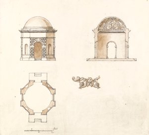 Tempio ottagonale a Shotover Park, Oxfordshire: pianta, sezione ed elevazione da William Kent