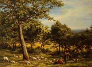 Un pastore e il suo gregge in un paesaggio boscoso illuminato dal sole da William Linnell