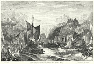Imbarco dei Greci per la guerra di Troia (incisione) da William Linton