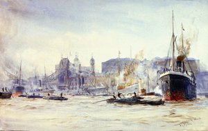 Scena di attività lungo Irongate Quay, sul Tamigi (Inghilterra), con il Tower Bridge in lontananza da William Lionel Wyllie
