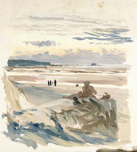 Personaggi sulla spiaggia, probabilmente ad Amble (Francia), con la silhouette del Fort Vauban alla luce del crepuscolo da William Lionel Wyllie
