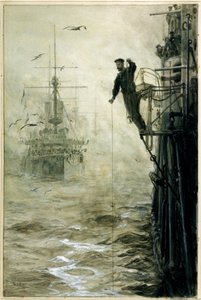 Trova la tua strada attraverso la nebbia, con un marinaio in equilibrio sulla pista, tenendo una lenza a piombo, in primo piano per misurare la profondità dell