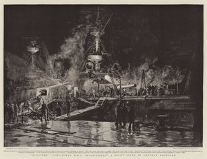 Straordinari, completamento della HMS Magnificent, una scena notturna nel cantiere navale di Chatham da William Lionel Wyllie