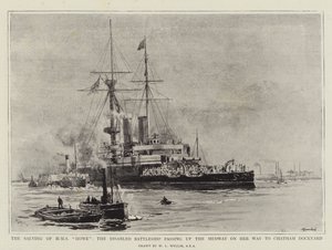 Il Salvataggio della HMS Howe, la Nave da Battaglia Disabilitata che passa sul Medway sulla Strada per il Cantiere Navale di Chatham da William Lionel Wyllie