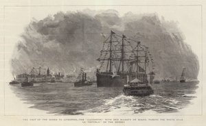 La visita della regina a Liverpool, il Claughton, con Sua Maestà a bordo, che passa davanti alla White Star SS Republic sul Mersey
