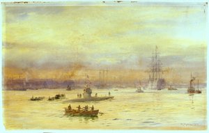 Questa vista guarda il porto sul lato di Gosport dove un sottomarino sta entrando, con un altro davanti a esso da William Lionel Wyllie