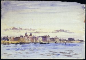 Veduta del Royal Naval College, a Greenwich (Inghilterra), sul Tamigi, al tramonto, presa da Blackwall (riva opposta). Acquerello, inizio XX secolo, di William Lionel Wyllie (1851-1931) da William Lionel Wyllie