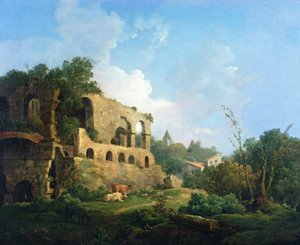 Paesaggio italianeggiante con una casa vicino a rovine classiche