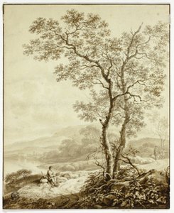 Strada tortuosa accanto al lago, con grande albero e viaggiatore in riposo in primo piano