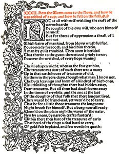 Kelmscott Press: Pagina da La storia di Beowulf stampata nel carattere Troy da William Morris