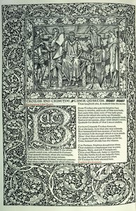 Scena da "Troilo e Criseide", iniziale istoriata "B", manoscritto con bordo a tutta pagina, 1896 da William Morris
