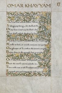 Il Rubaiyat di Omar Khayyam; versi 55 - 57. Scritto e decorato calligraficamente da William Morris, con bordi di fogliame e fiori da William Morris