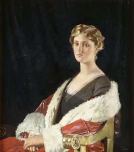 Ritratto di Nancy Oswald Smith, seduta a mezzo busto, in un cappotto foderato di pelliccia rossa da William Orpen