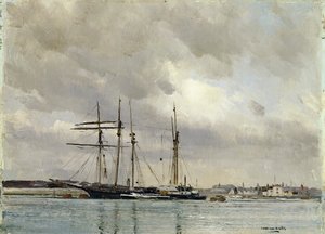 Barche nel porto, carico di argilla cinese, c.1900