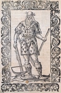 Uomo con abito di pelliccia, balestra e scarpe con punta attorcigliata (esempio di sci rudimentali), illustrazione attribuita a Cesare Vecellio (1521-1601), pubblicata in Italia nel XVI secolo da Nicolas Toussaint Charlet