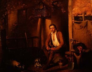 Esterno di cottage con lavoratore seduto da William Redmore Bigg