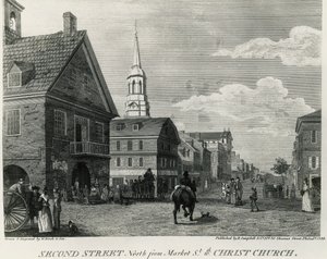 Second Street North da Market Street e Christ Church, Philadelphia, disegno di William Russell Birch (1755-1834), stampato da R Campbell, Stati Uniti d