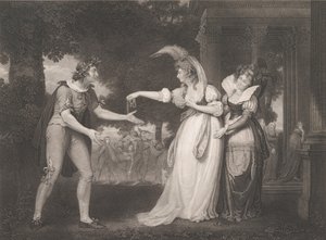 Davanti al palazzo del duca-Rosalind, Celia, Orlando, il duca..., prima pubblicazione 1800, ristampa 1852 da William Satchwell Leney