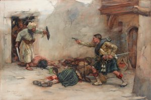 Tamburino James Roddick del 92º Gordon Highlanders, difendendo il tenente Menzies durante il combattimento corpo a corpo a Kandahar da William Skeoch Cumming