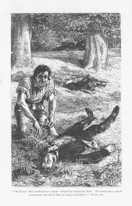 Adam Bede, avendo avuto la meglio su Arthur Donnithorne in una lotta, è inorridito nel vedere il suo rivale giacere incosciente. Adam Bede di George Eliot, pubblicato per la prima volta nel 1859. Illustrazione di William Small (1843-1929) da un