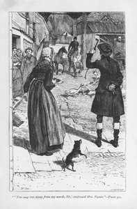 Mrs Poyser, moglie dello zio contadino di Hetty Sorrel, Martin Poyser, con il Squire Donnithorne, il cui figlio Arthur ha sedotto Hetty. Mrs Poyser è probabilmente il personaggio comico di maggior successo di George Eliot. Adam Bede di George Eliot, prima  da William Small