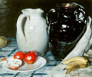 Natura morta con mele e banane, e una grande brocca e vaso da William Somerville Shanks