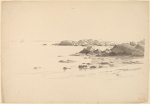 Spiaggia rocciosa con barche lontane da William Stanley Haseltine