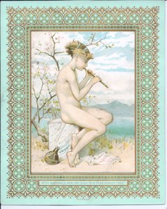 Cartolina di Capodanno vittoriana di una bellezza in spiaggia che suona un flauto, c.1881