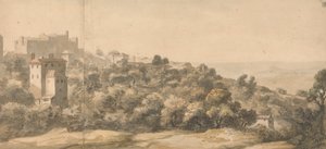 Paesaggio italiano: villaggio su una collina a sinistra, pendio verso destra, con valle distante oltre da William Taverner
