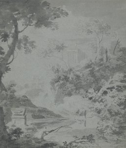 Paesaggio con un Edificio Classico in Lontananza e un Uomo che Pesca da William Taverner